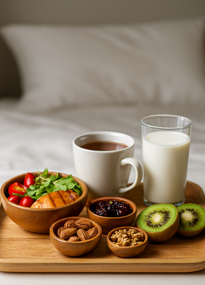 연어, 키위, 체리, 견과류, 허브차 같은 수면 친화 식품들이 나온 장면