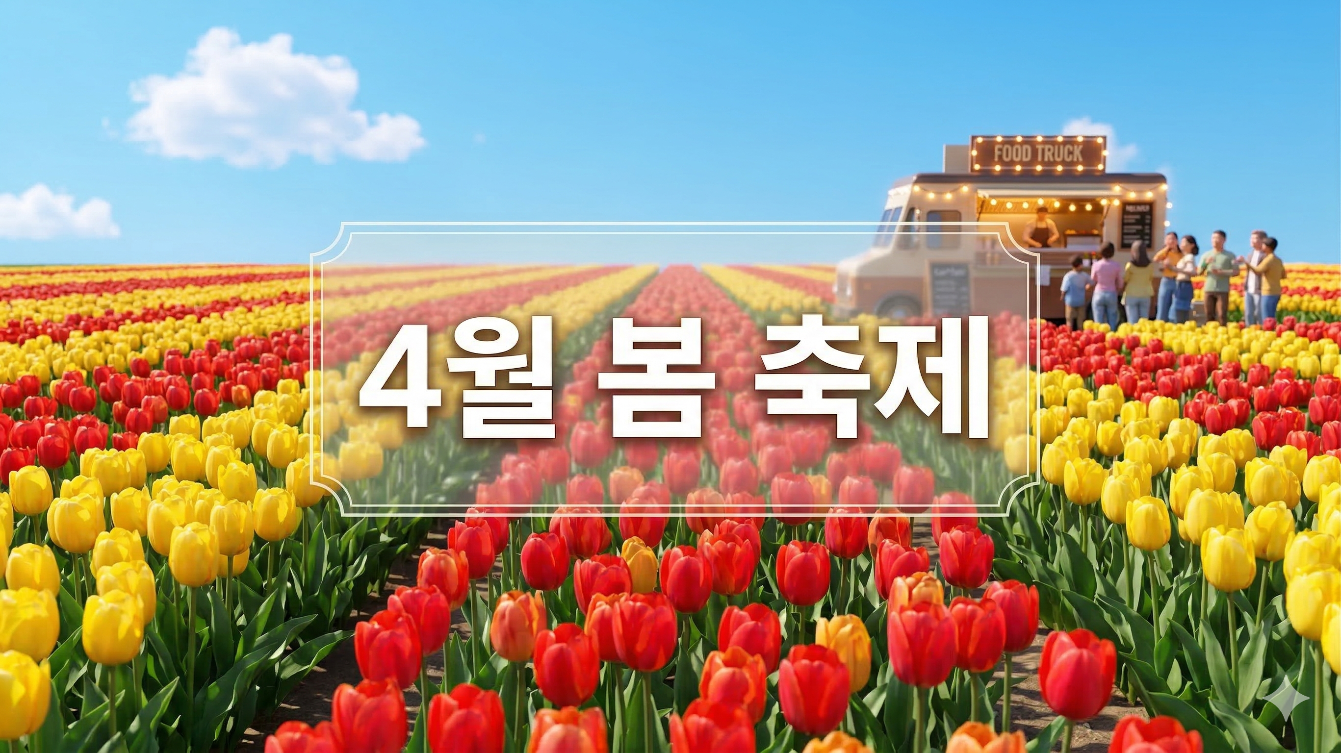 붉은색과 노란색 튤립 들판과 푸드트럭 배경에 '4월 봄 축제'라는 한글 문구가 중앙에 적힌 3D 일러스트