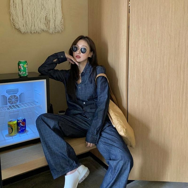 청청세트 봄 여자 데님 투피스 세트 씻업