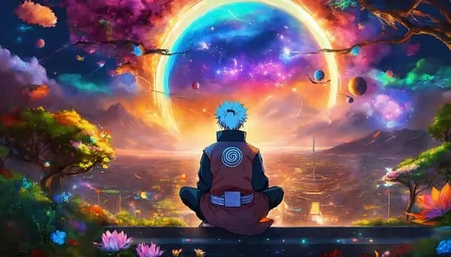 우주와 환상적인 자연이 어우러진 풍경 앞에서 명상 자세로 앉아 있는 인물. 화려한 은하, 행성, 무지갯빛 하늘이 펼쳐진 배경 속에서 고요히 몰입 중인 모습으로, 초현실적이고 몽환적인 분위기를 연출하고 있다.