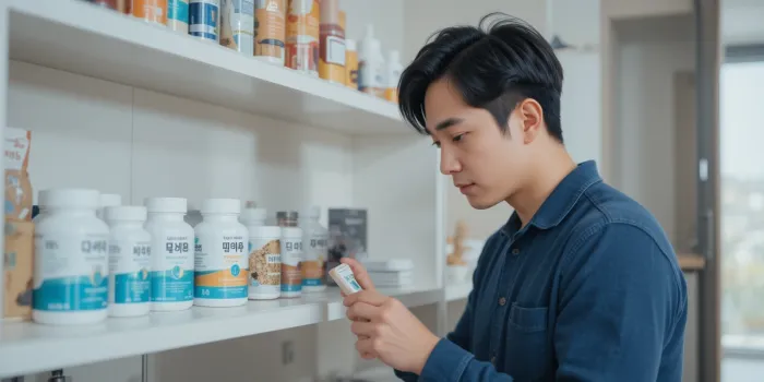 깔끔한 인테리어 속 다이소 영양제를 정돈하는 모습