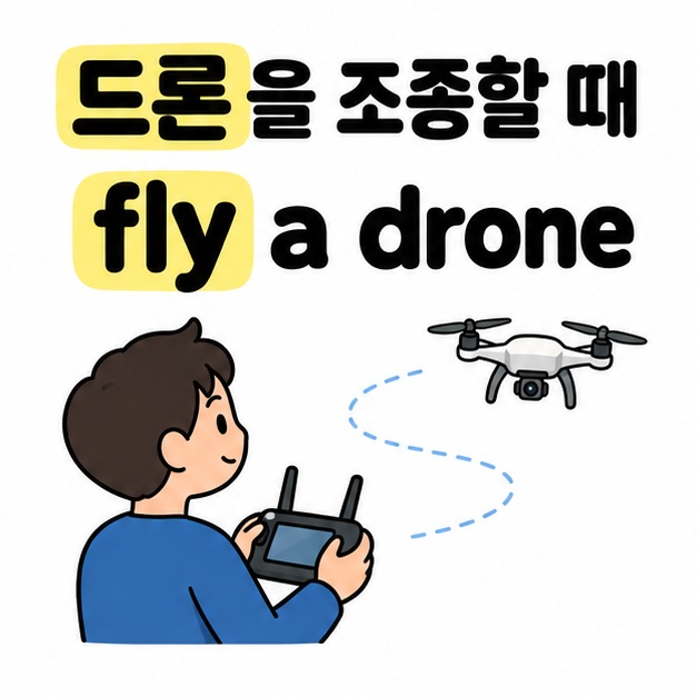 fly a drone 표현 아래 조종기를 든 사람이 드론을 날리는 모습과 점선 비행 흔적을 보여주는 그림