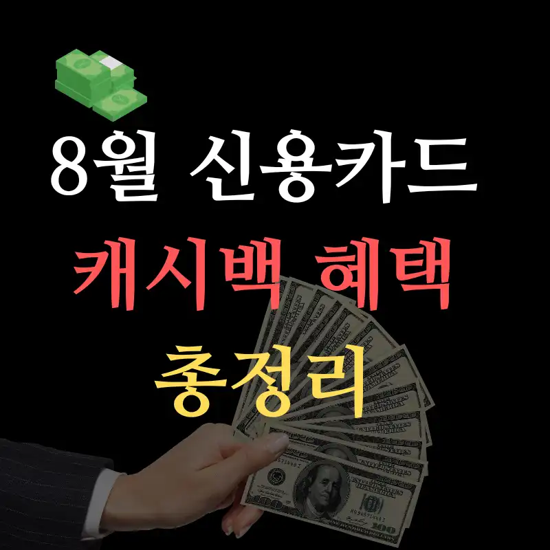 쌓여진 돈과 돈을 펼쳐서 주는 듯한 그림을 통해 8월에 플랫폼별 신용카드 캐시백 이벤트를 한다는 것을 설명함