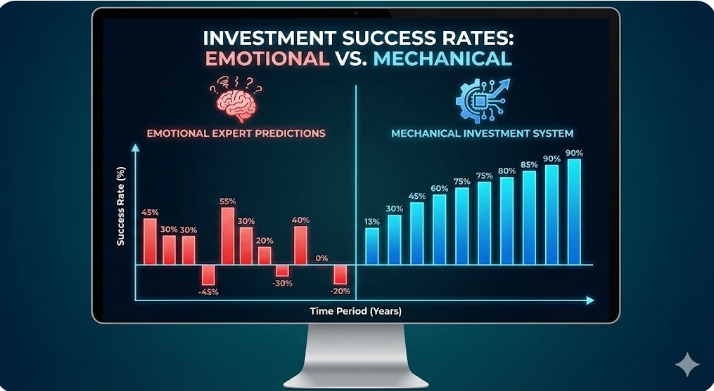 감정적인 전문가의 예측과 기계적인 투자 시스템의 성공률을 비교하는 차트