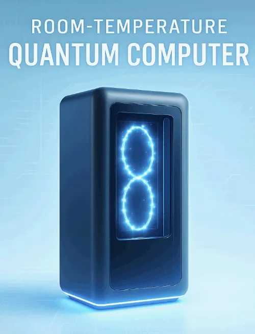 실온에서 작동하는 Dirac-3 양자컴퓨터의 모습을 보여주는 이미지. 광자 루프가 기기 내부에서 빛나며 최적화 과정을 시각적으로 표현함. 첨단 기술 기반의 실온 양자컴퓨팅 장비를 직관적으로 전달함 (room-temperature quantum computer, photonic loop, Dirac-3)