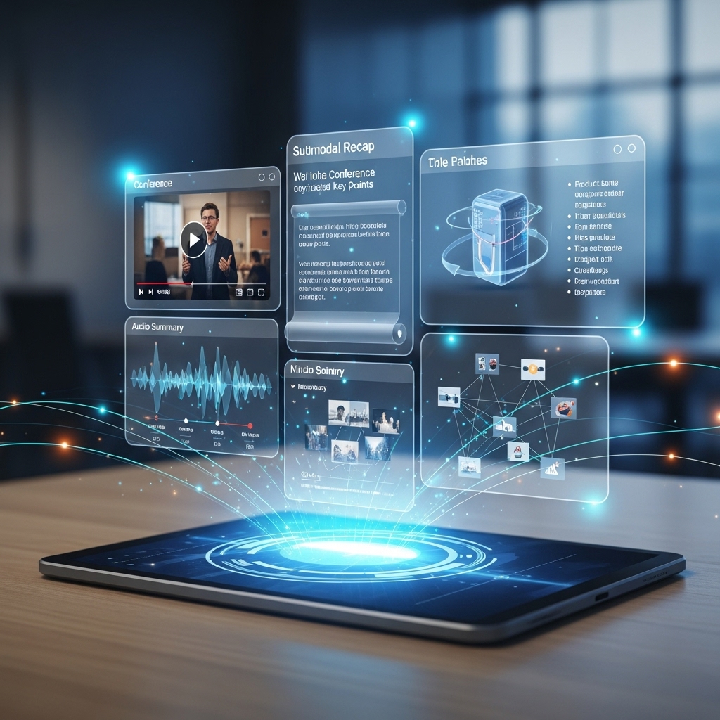 사용자가 다양한 형식의 콘텐츠를 통합적으로 경험하는 멀티모달 리캡 시스템을 시각화한 이미지.