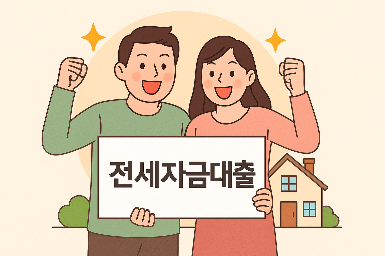 부부가 전세대출 승인 받고 기뻐하는 모습&amp;#44; 새 아파트 앞
