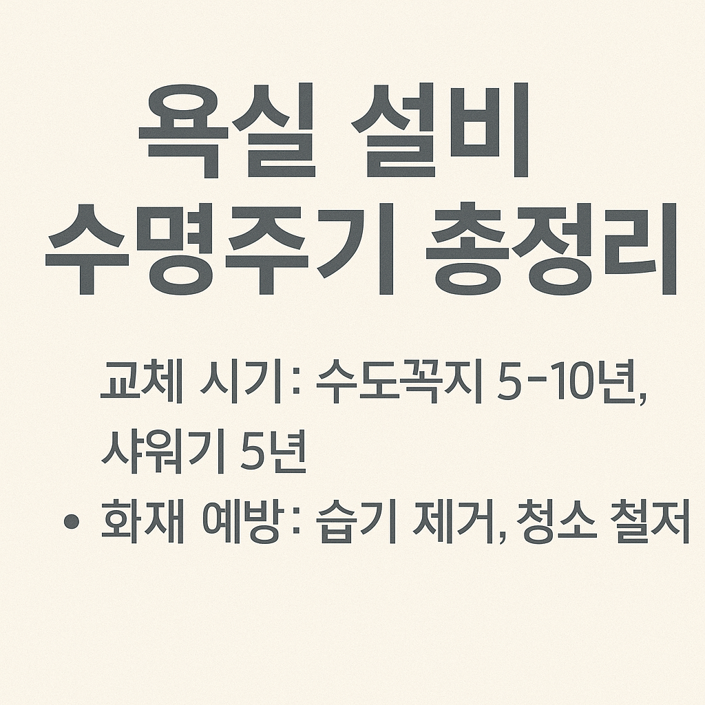 욕실 설비 수명주기 총정리 썸네일 이미지, 밝은 베이지 배경 위에 수도꼭지 5~10년, 샤워기 5년 교체 시기와 화재 예방을 위한 청소 철저 안내 문구가 다크 그레이 글씨로 깔끔하게 배치된 디자인