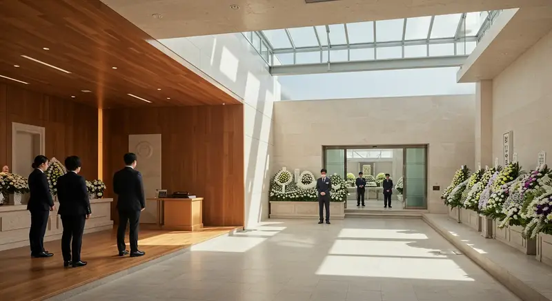 장례식장에 정중하게 진열된 근조화환과 조문객들의 모습