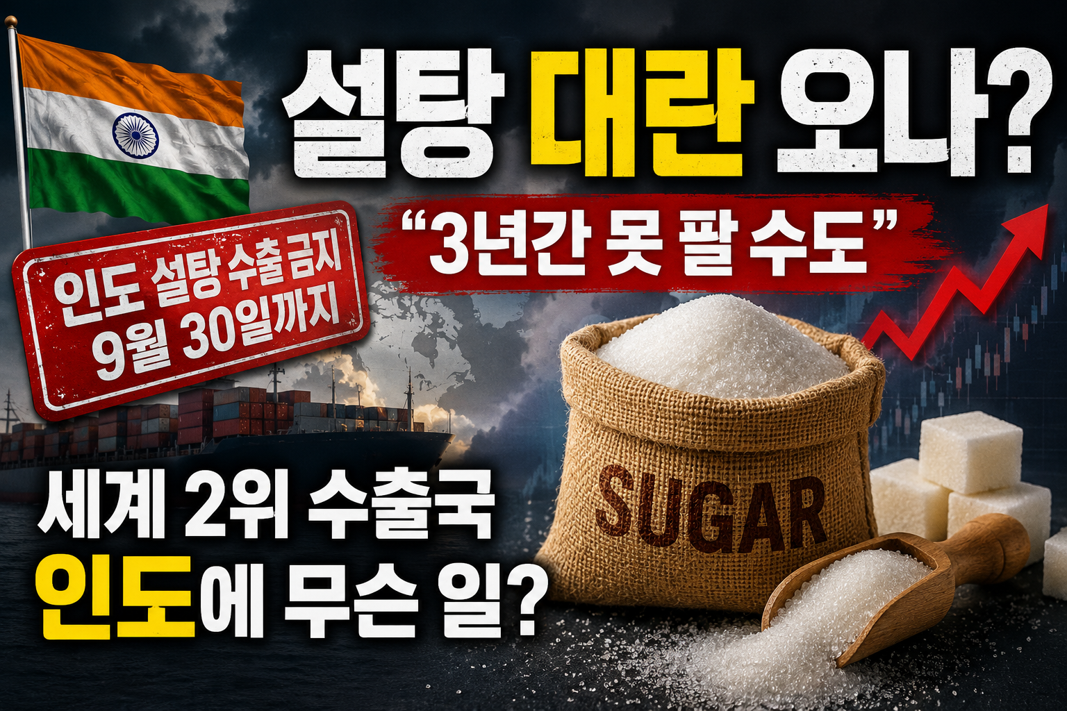 인도 설탕 수출금지와 국제 설탕 가격 상승 이슈로 주목받는 국내 설탕 관련주 TOP7을 정리한 투자 정보 이미지