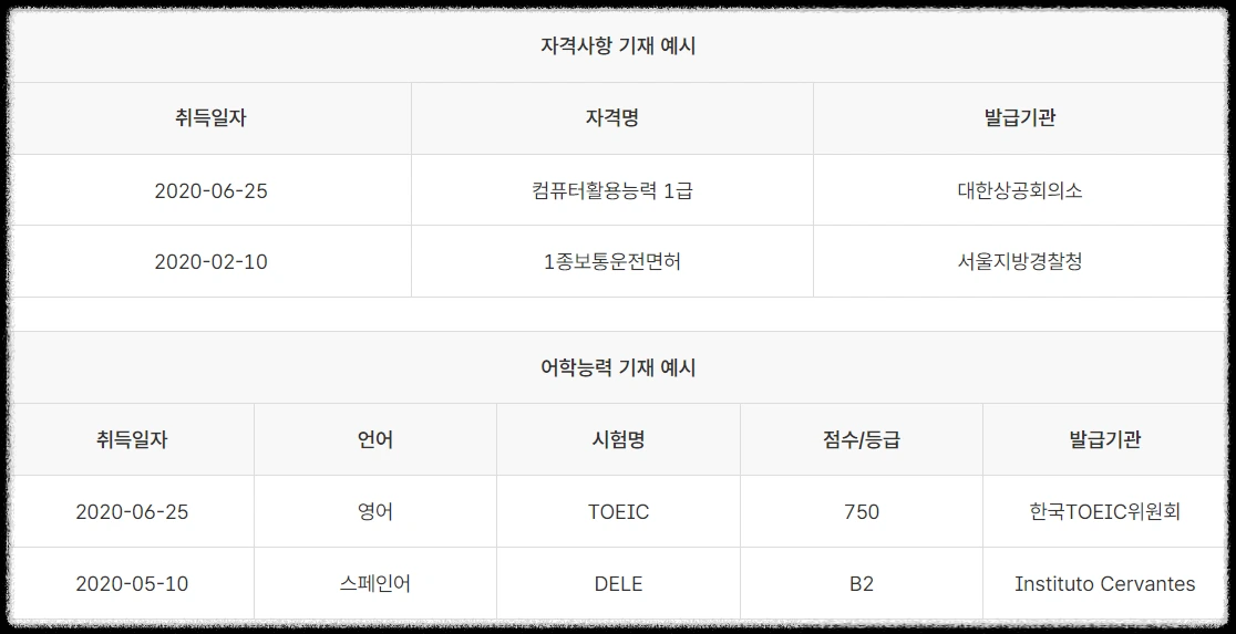 자격증 및 어학능력 기재