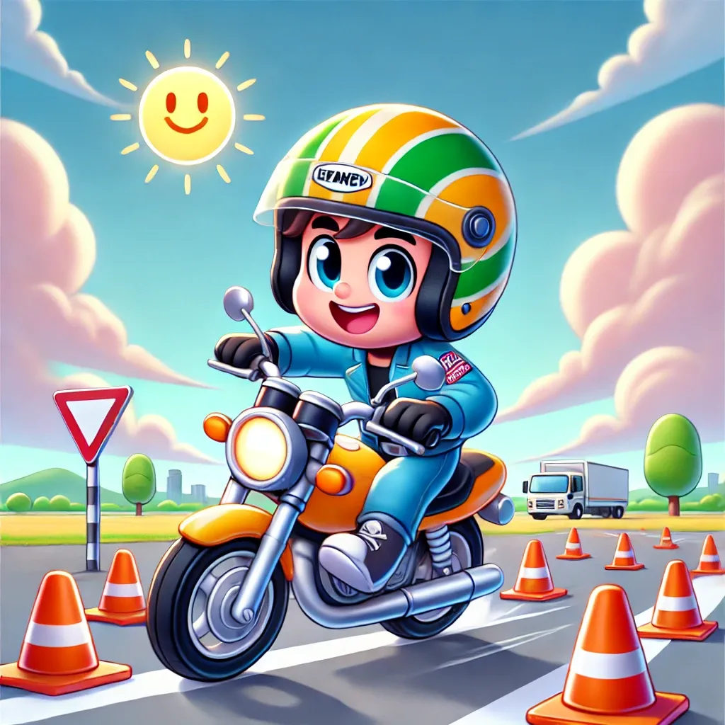 디즈니 스타일 캐릭터가 오토바이 연습을 하는 장면
