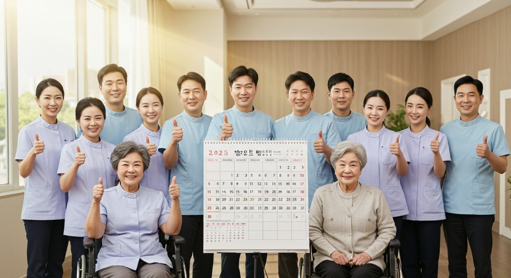 2025년 요양보호사 자격증 취득을 준비하는 다양한 연령대의 사람들이 희망찬 표정으로 함께 서 있는 모습.