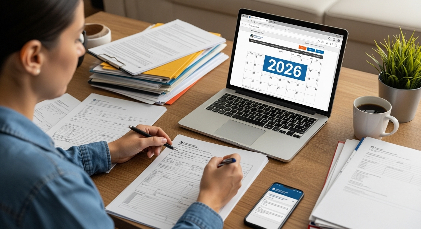 2026년 달력을 보며 출산 지원금 관련 서류를 정리하고 정부 웹사이트를 확인하는 부모의 모습. 현명하게 혜택을 준비하는 과정을 상징합니다.