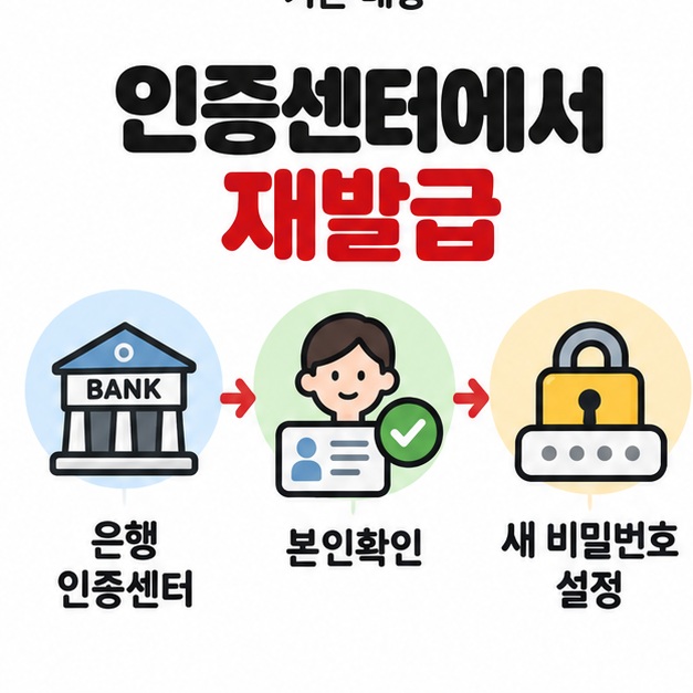 은행 인증센터에서 공동인증서 재발급과 본인확인, 새 비밀번호 설정 순서를 화살표로 보여주는 카드