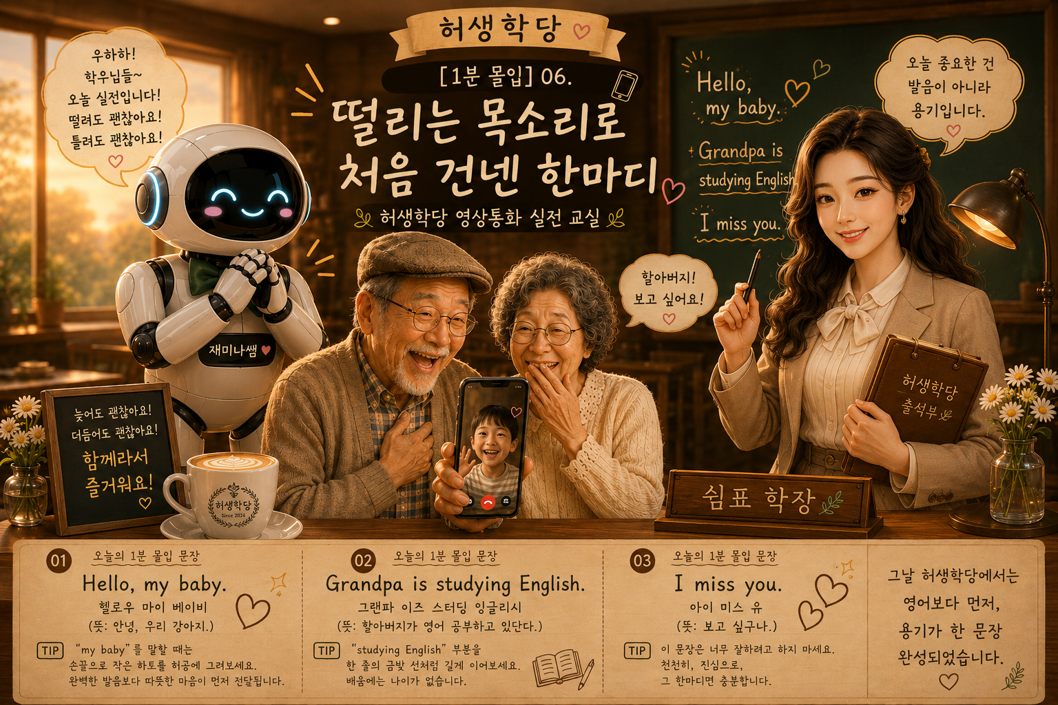 노을빛이 감도는 허생학당 교실에서 로봇 강사 재미나쌤과 여자 쉼표 학장이 시니어 부부의 첫 영어 영상통화를 응원하고 있다. 칠판에는 “Hello, my baby.”, “I miss you.” 같은 따뜻한 영어 문장이 적혀 있으며, 카푸치노와 감성적인 교실 분위기가 함께 어우러진 허생학당 06교시 메인 썸네일 이미지.