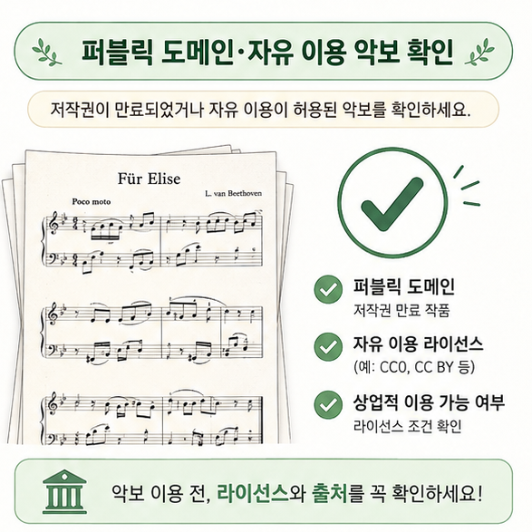 퍼블릭 도메인과 자유 이용이 가능한 피아노 악보를 확인하는 방법을 보여주는 이미지