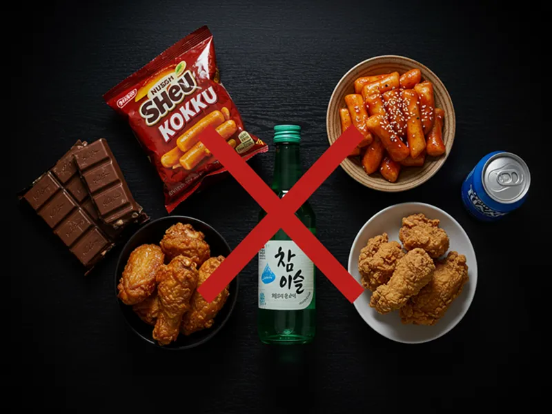 초콜릿(카페인), 매운 떡볶이(캡사이신), 술(알코올), 치킨(고지방), 콜라(카페인, 설탕)가 검은 테이블 위에 놓여 수면을 방해하는 모습을 경고하는 이미지.