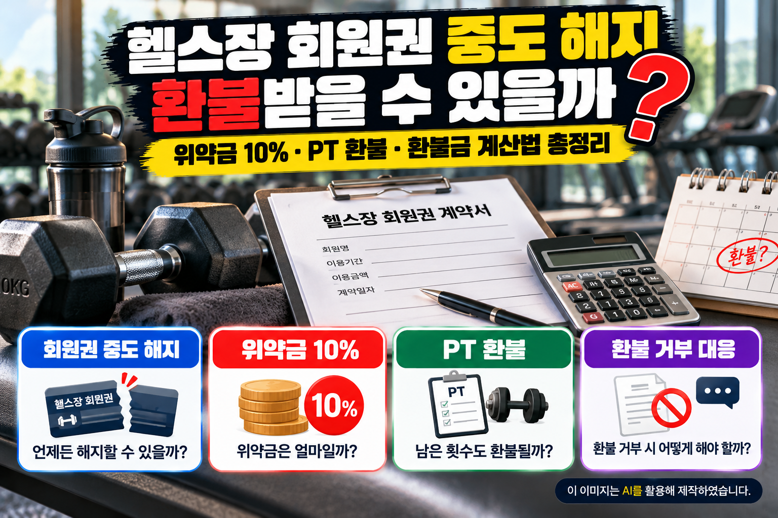 헬스장 회원권 중도 해지 시 환불 가능 여부와 위약금 10%, PT 잔여 횟수 환불, 환불금 계산 방법 및 환불 거부 시 대응 방법을 설명하는 이미지