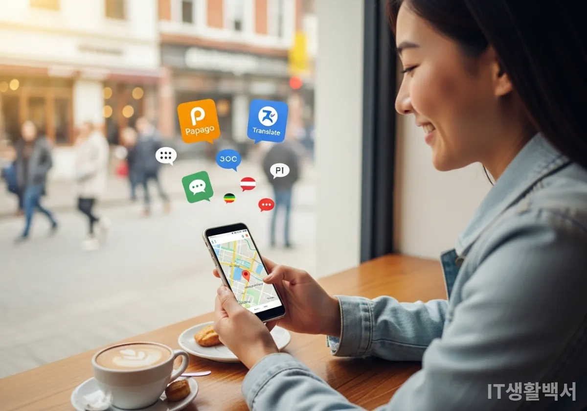 번역기 앱 덕분에 즐겁고 편안하게 여행을 즐기는 한국인 여행자의 모습