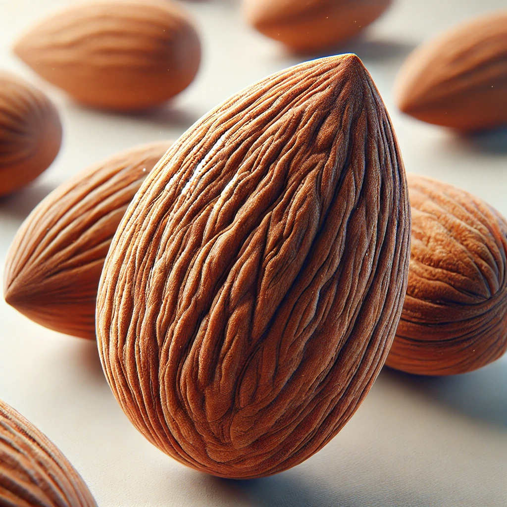 중립 배경에 아몬드가 흩어져 있는 극사실적인 클로즈업 이미지입니다. 아몬드의 갈색 껍질과 질감이 선명하게 표현되어 있습니다.