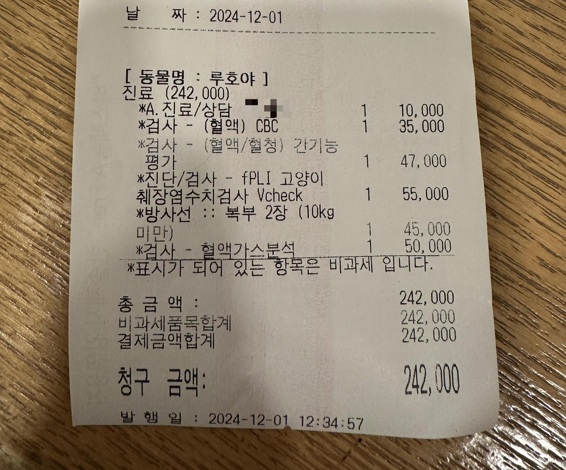호야_입원한날_검사_영수증