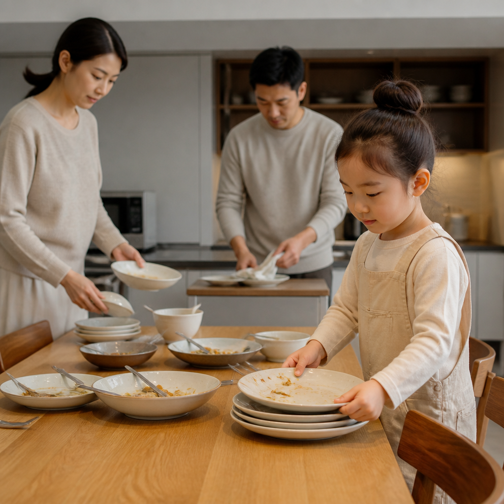 식사 뒤 남은 접시를 조용히 정리하는 가족