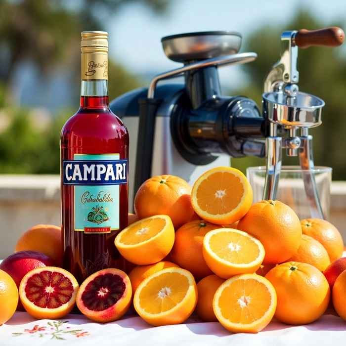 가리발디 칵테일 재료 - 캄파리와 신선한 오렌지들