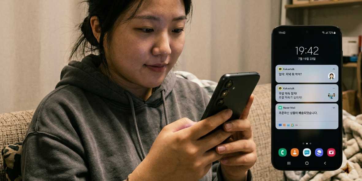 스마트폰 알림이 계속 오면서 반복적으로 확인하는 사용 장면