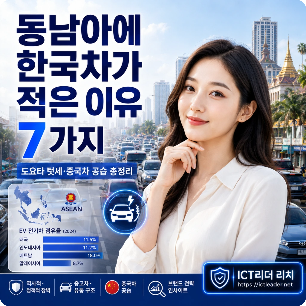 동남아에 한국차가 적은 이유 7가지 제목과 여성 전문가, 동남아 자동차 시장을 표현한 대표 썸네일
