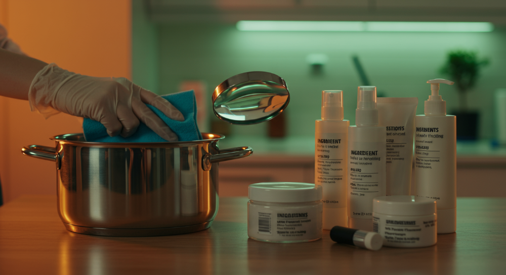 스테인리스 조리기구 연마제 제거와 화장품 유해 성분을 확인하는 소비자의 모습