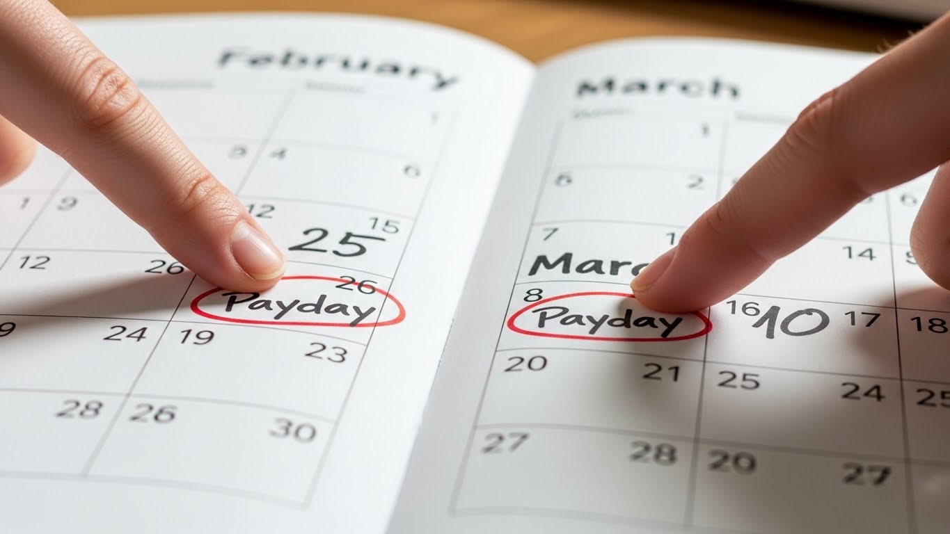 2월 월급날과 3월 월급날이 표시된 달력 이미지