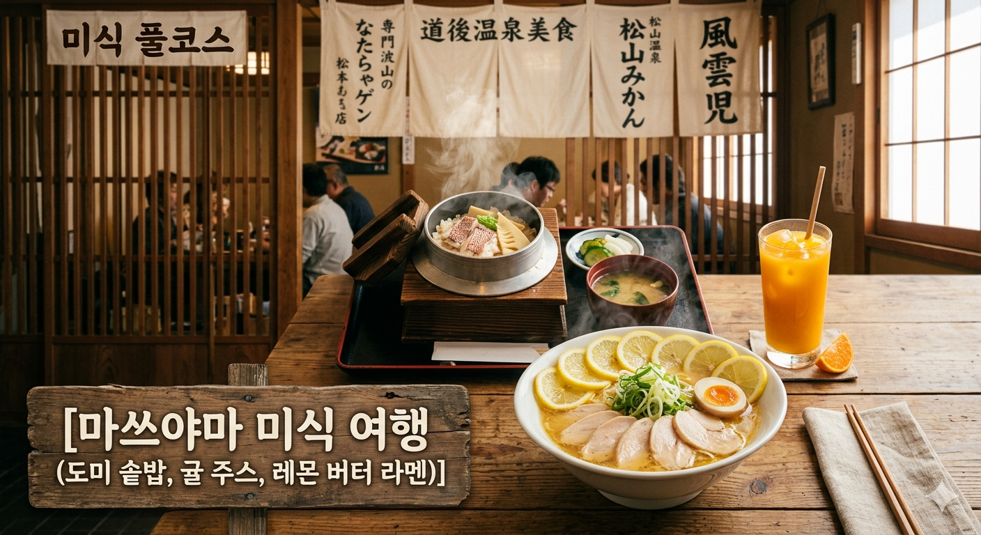 마쓰야마 미식 여행 (도미 솥밥, 귤 주스, 레몬 버터 라멘)