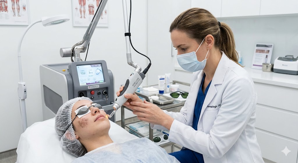 A dermatologist using a precise medical laser device to safely remove cherry angiomas from a patient's skin.