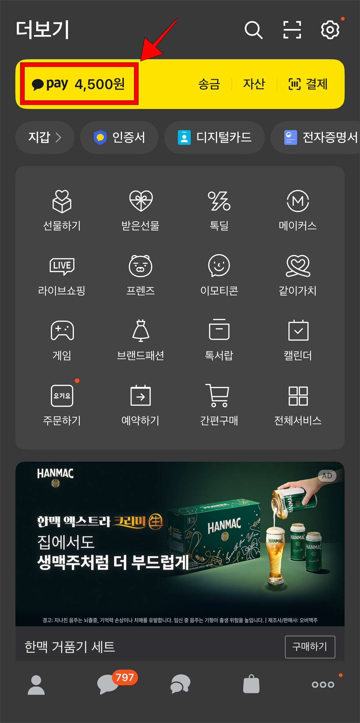 카카오톡의 더보기에서 카카오페이를 선택