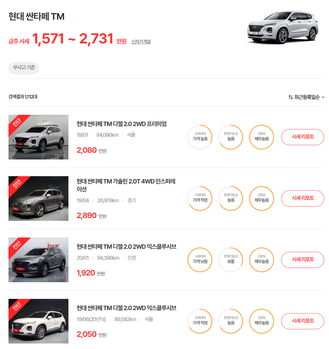 18-20년식 싼타페 TM 중고차 시세