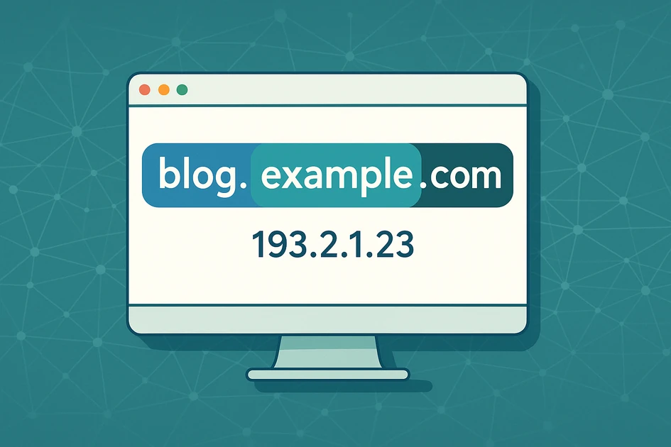 도메인 주소 구조를 시각적으로 표현한 컴퓨터 화면과 blog.example.com 구성 요소 이미지