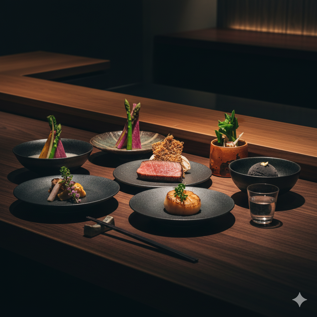 정갈한 일본 전통 그릇에 담긴 가이세키 요리의 클로즈업 사진이에요. 중앙에는 작은 종지에 담긴 사시미가 섬세하게 장식되어 있고, 주변으로는 제철 채소와 해산물로 만든 다양한 미니 요리들이 조화롭게 배치되어 있어요. 따뜻한 조명 아래 정성스럽게 차려진 음식들의 질감이 매우 사실적으로 묘사되어 있어요.