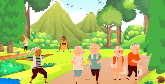 공원에는 푸른 나무들이 가득하고 여러 명의 노인들이 운동을 하거나 달리기를 하고 있다.