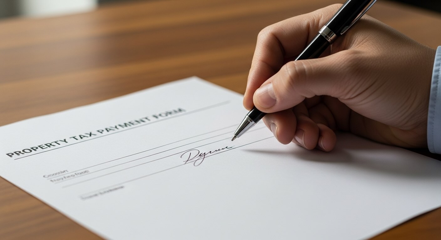 나무 책상 위 재산세 납부 신청서에 서명하는 손