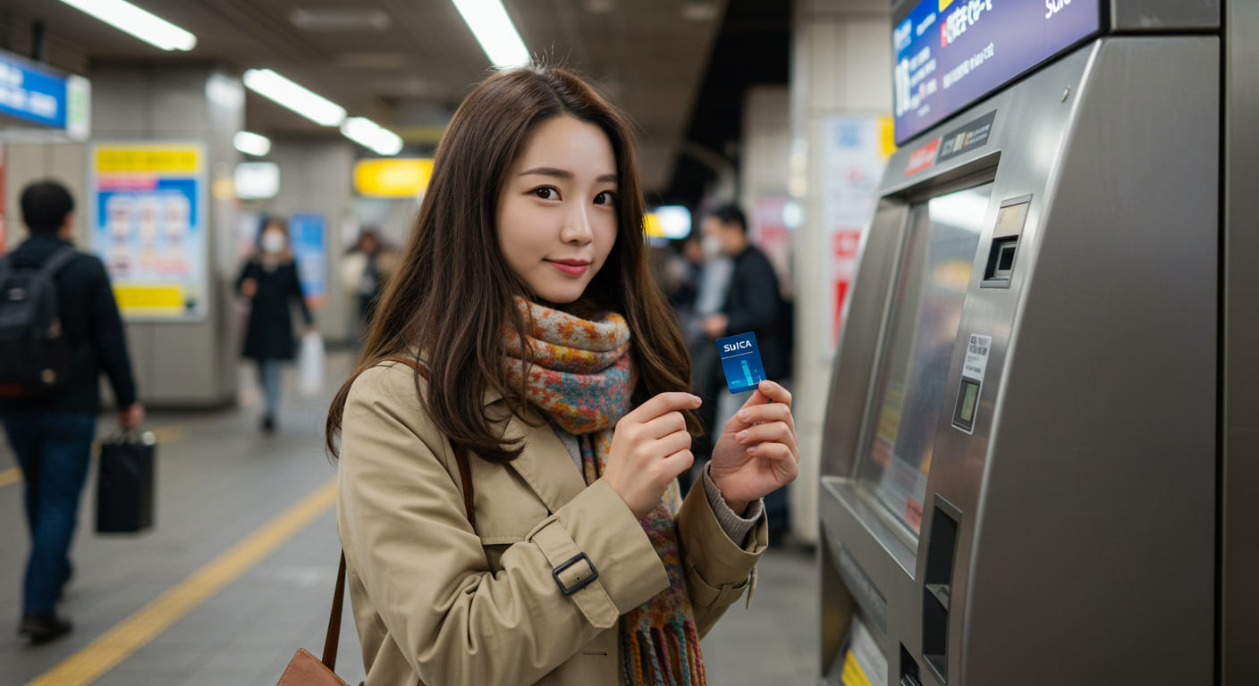 도쿄 지하철 스이카 카드를 들고 있는 귀여운 한국인 여행자