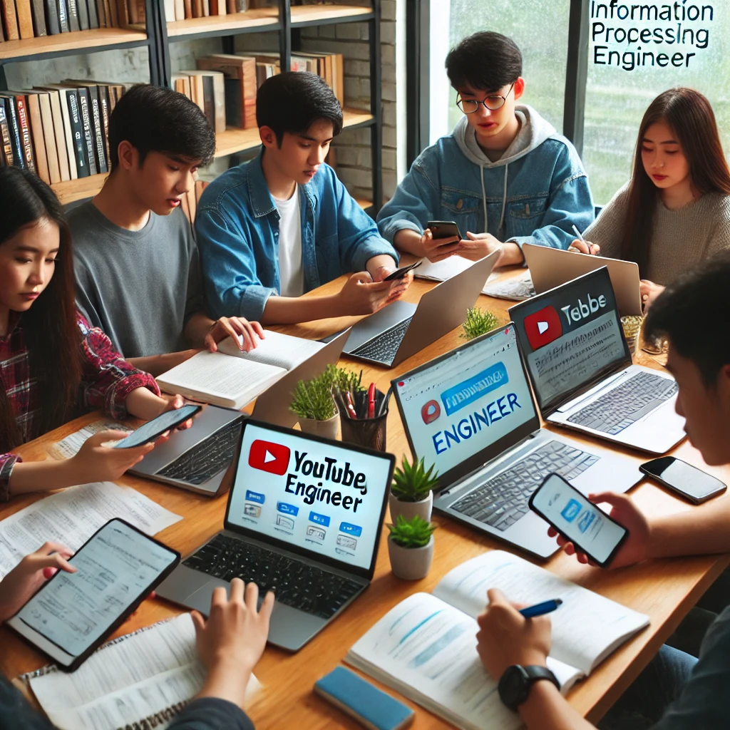 스터디룸에서 학생들이 노트북과 스마트폰을 활용해 유튜브 강의와 모바일 앱을 사용하며 시험을 준비하는 모습