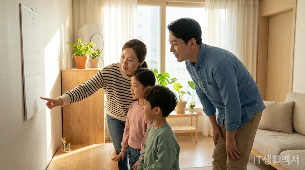한국인 가족이 거실에서 달력을 보며 무주택 기간을 계산하는 모습