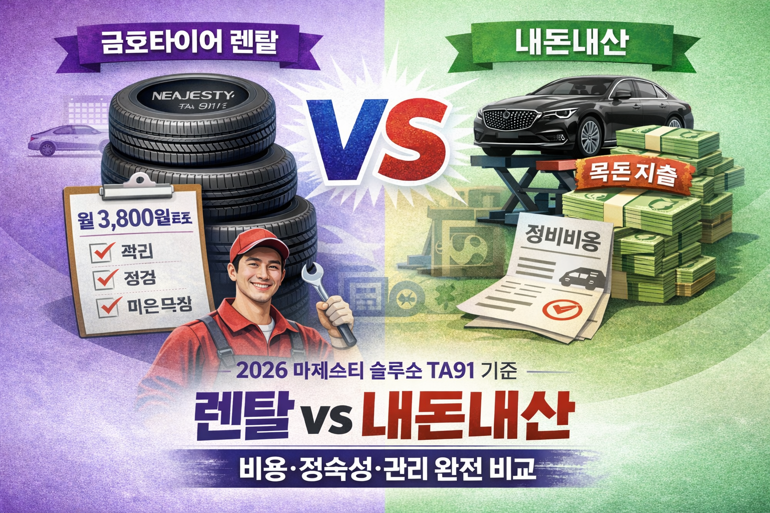 2026 금호타이어 렌탈 vs 내돈내산, 마제스티 솔루스 TA91 기준 비용&middot;정숙성&middot;관리 비교