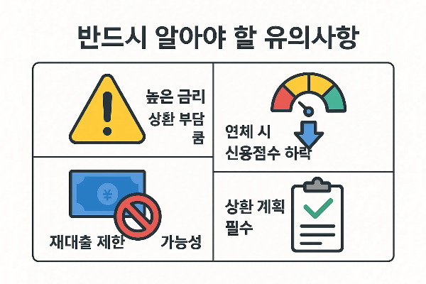 높은 금리 부담, 연체 시 신용점수 하락, 재대출 제한 가능성 등 소액생계비대출 진행 전 반드시 알아야 할 유의사항과 상환 계획 중요성