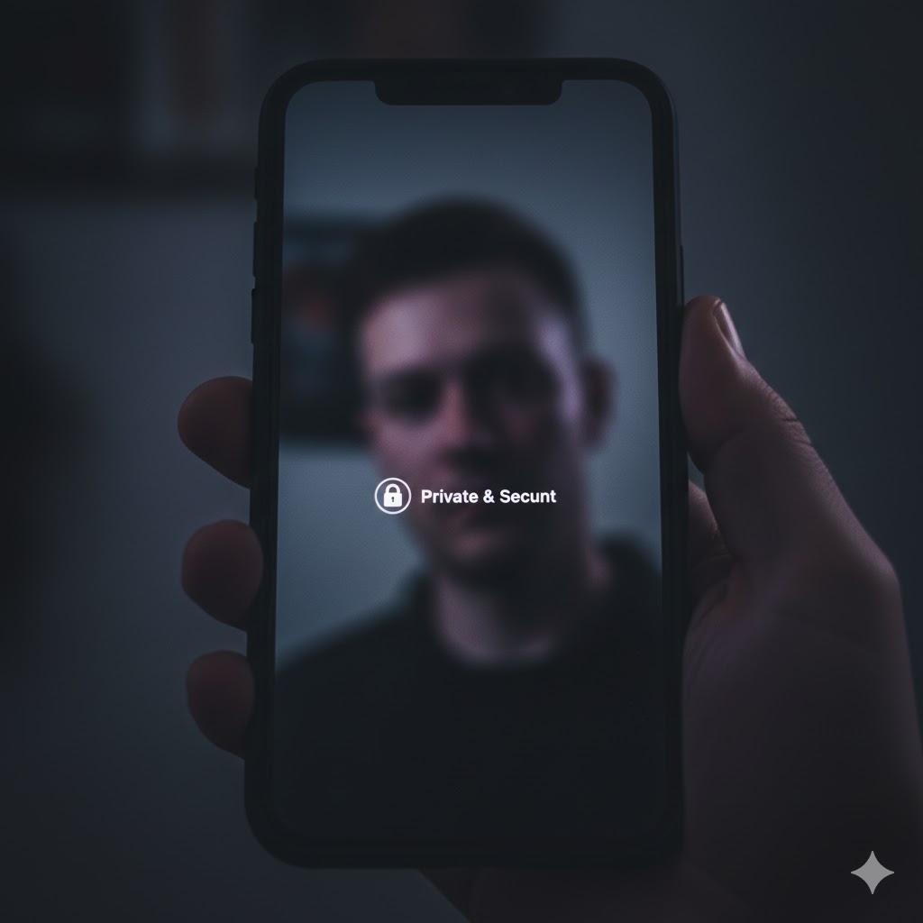 스마트폰 화면에 비친 인스타그램 비공개 계정과 위협적인 스토커의 실루엣