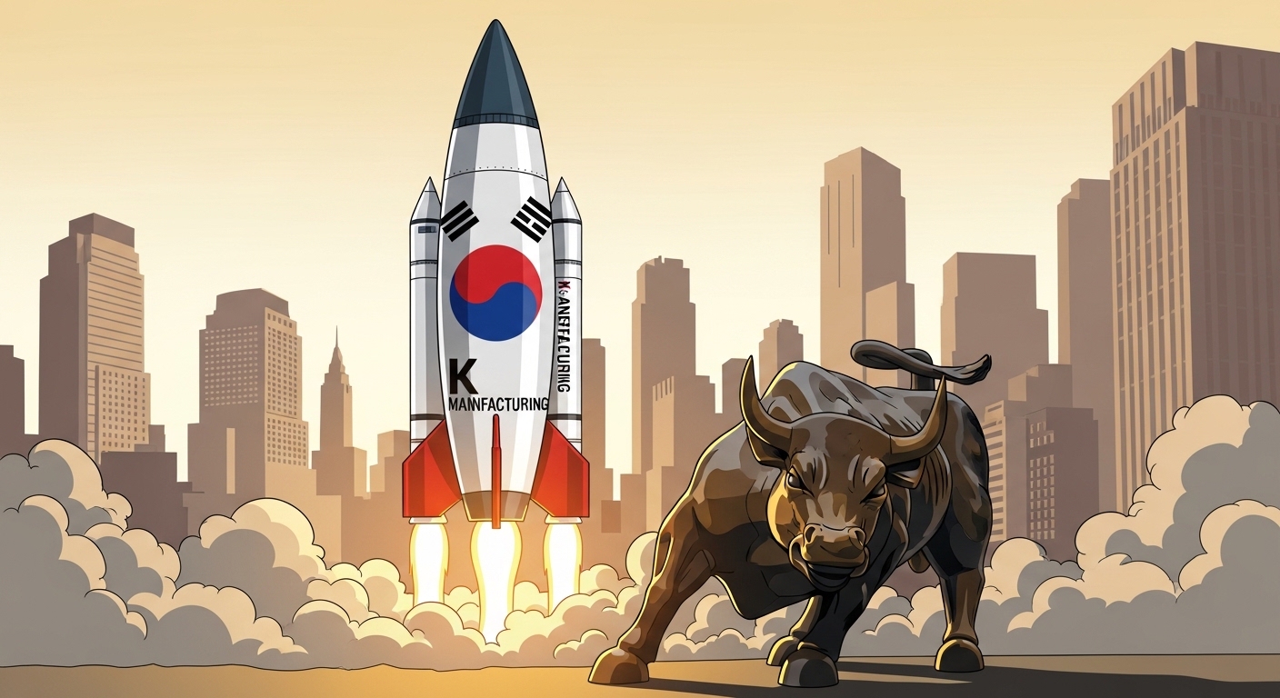 Dynamic illustration of a rocket with a Taegeuk pattern (symbolizing K-manufacturing) preparing for launch next to the Wall Street Bull in New York.