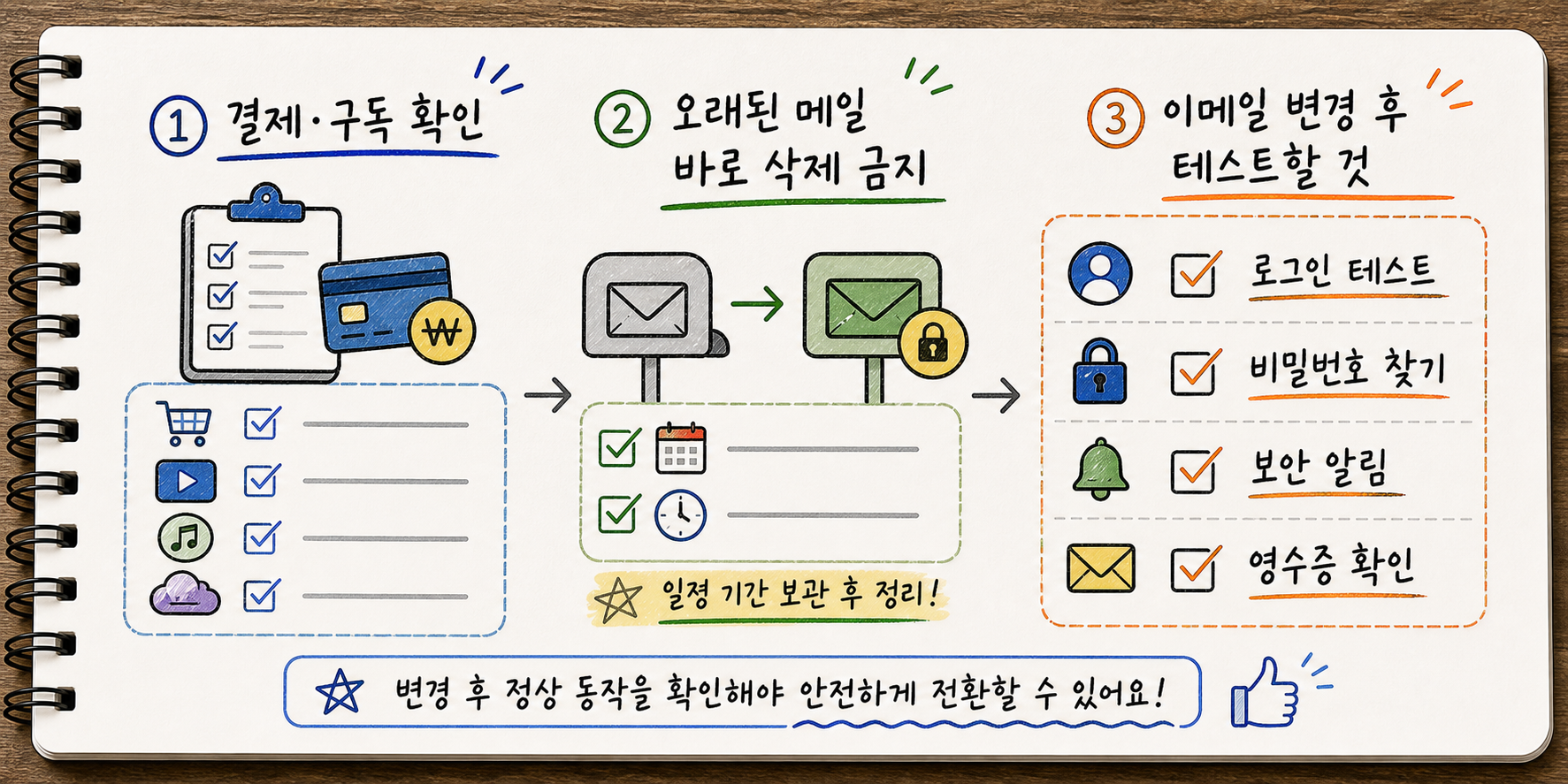 결제 구독 확인 오래된 메일 바로 삭제 금지 이메일 변경 후 로그인 비밀번호 찾기 보안 알림 영수증 확인을 정리한 손글씨 카드