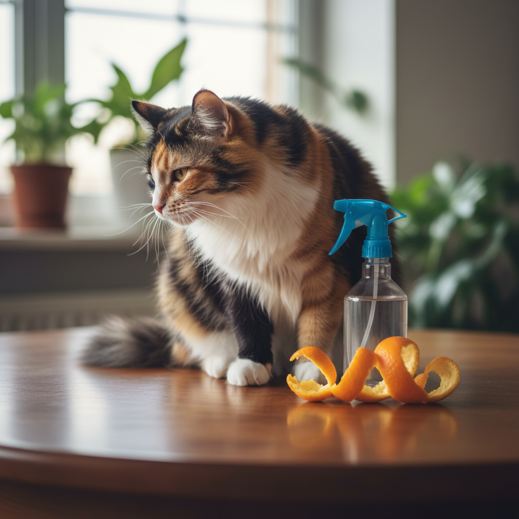 스프레이와 오렌지 냄새를 거부하며 고개를 돌리는 예민한 고양이
