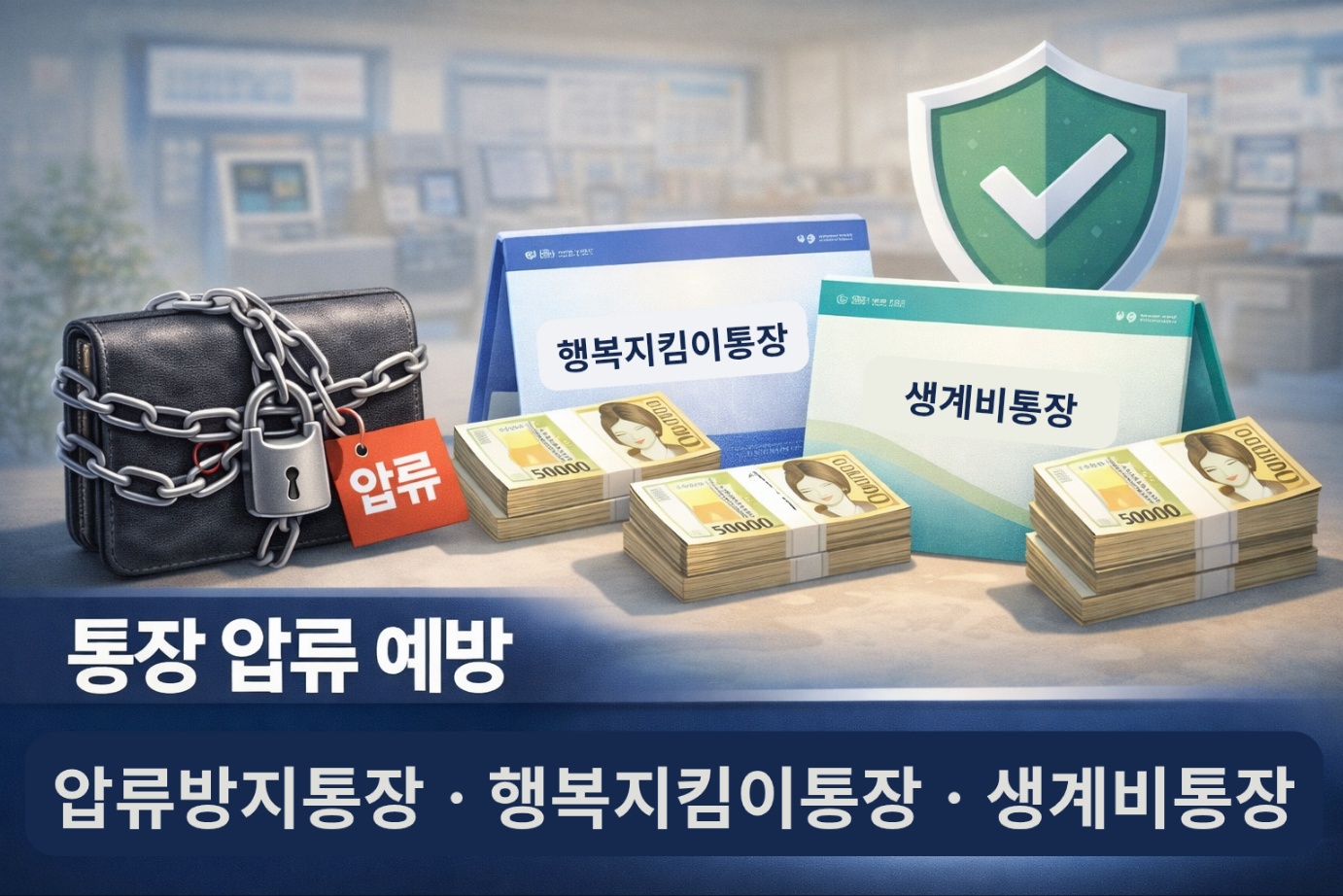 압류 표시가 붙은 지갑과 함께 ‘행복지킴이통장’과 ‘생계비통장’ 안내판, 현금 다발이 놓여 있는 그래픽. 통장 압류를 예방하는 압류방지통장과 생계비 보호 계좌의 개념을 시각적으로 표현한 이미지.